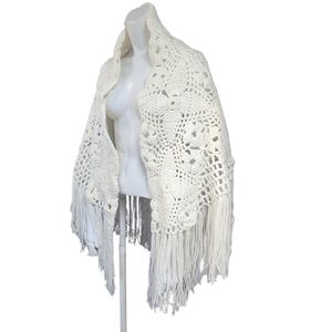 Hand Crafted Crotched Off White Fringed Hem Shawl